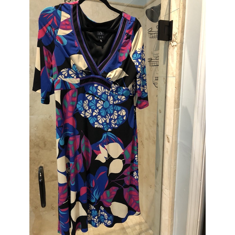 JAX Nordstrom Blue Purple Ikat Empire Jersey Ribbon Neck Dress 8 1PX5800